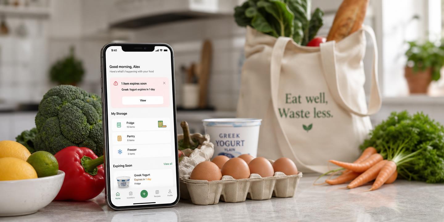 Photograph of fresh groceries on a kitchen counter with a phone showing a food expiry alert
